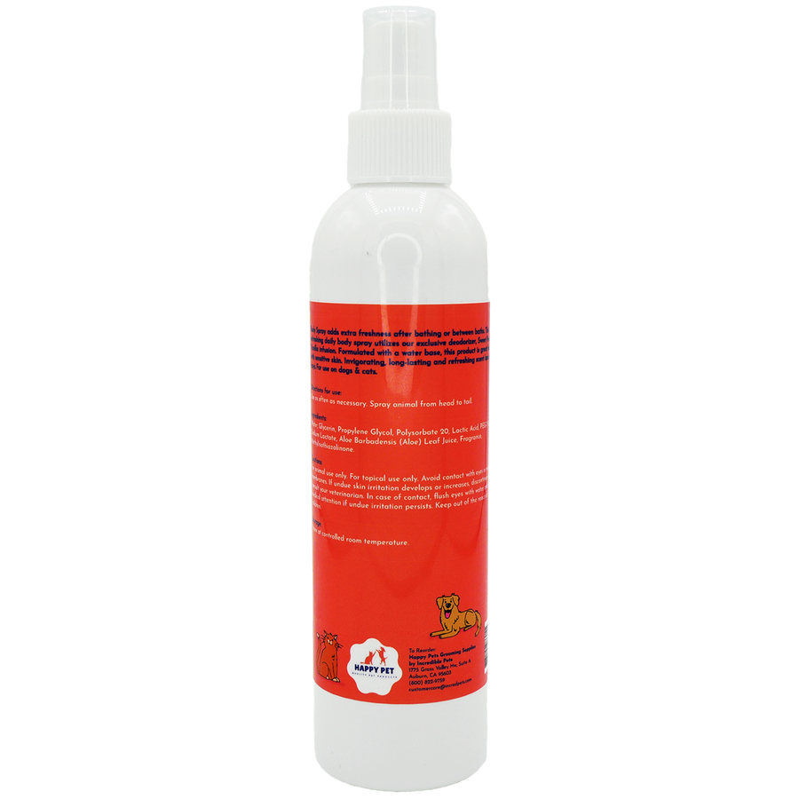 Happy Pet Body Spray Sweet Pea & Vanilla Scented for Dogs, Cats, & Horses, back of bottle
