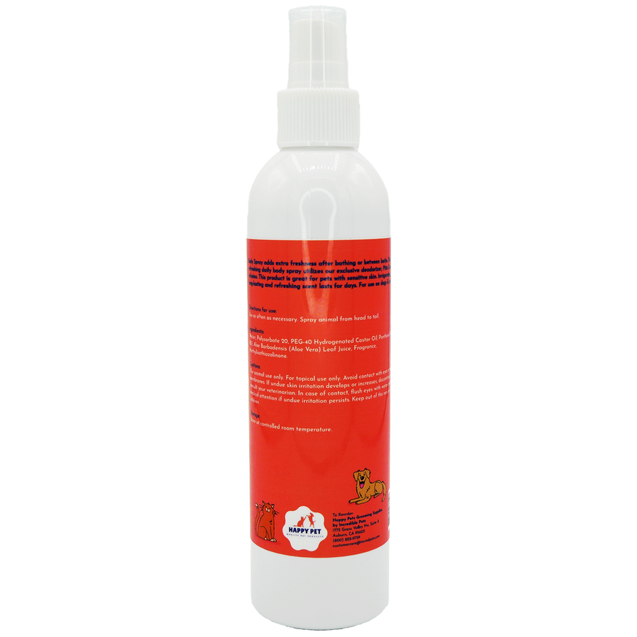 Happy Pet Body Spray Pina Colada Scented for Dogs, Cats, & Horses, back of bottle