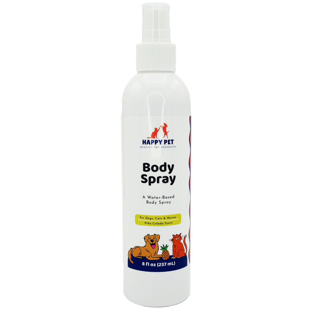 Happy Pet Body Spray Pina Colada Scented for Dogs, Cats, & Horses, front of bottle