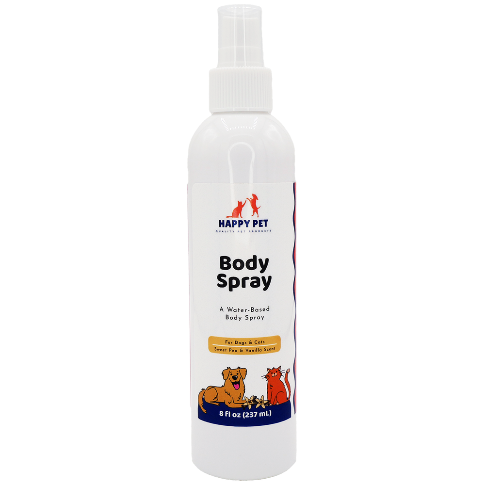 Happy Pet Body Spray Sweet Pea & Vanilla Scented for Dogs, Cats, & Horses, front of bottle
