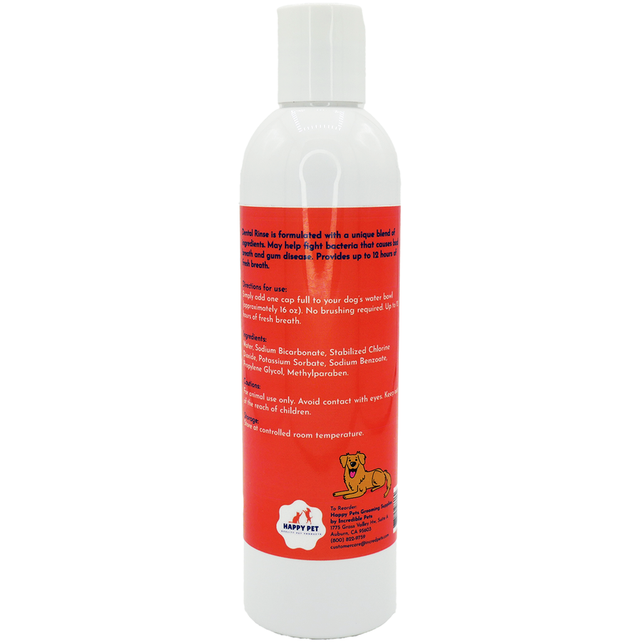 Happy Pet Dental Rinse Water Additive for Dogs, back of bottle