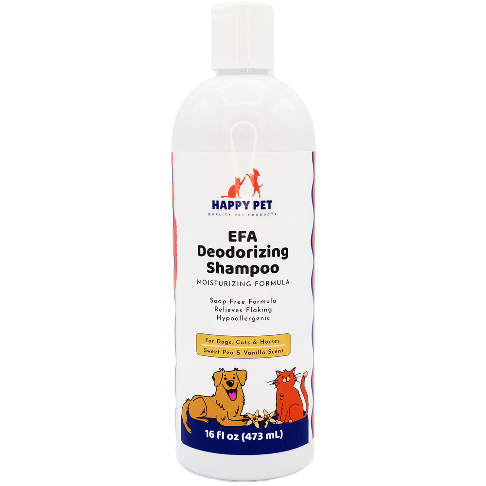 Happy Pet EFA Moisturizing & Deodorizing Shampoo Sweet Pea & Vanilla Scented for Dogs, Cats, & Horses, front of bottle
