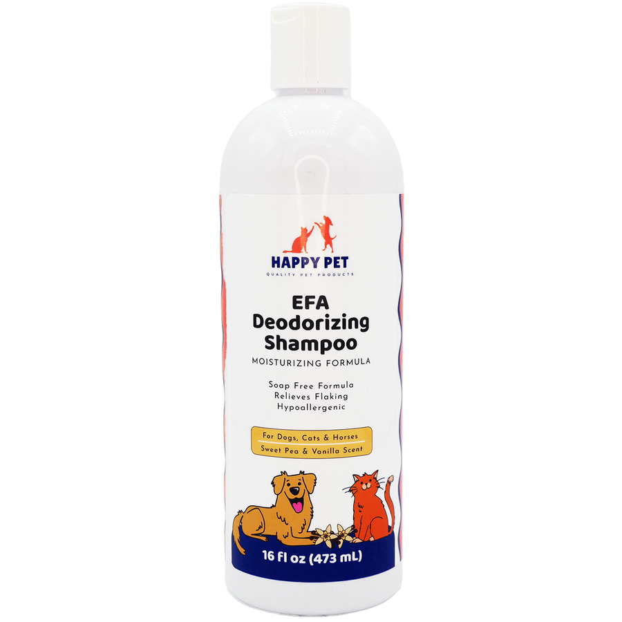 Happy Pet EFA Moisturizing & Deodorizing Shampoo Sweet Pea & Vanilla Scented for Dogs, Cats, & Horses, front of bottle