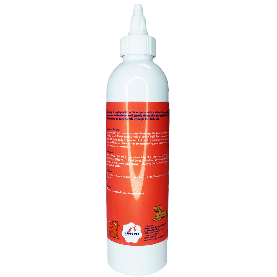 Happy Pet Ear Cleansing & Drying Solution with Aloe Vera Eucalyptus Scented for Dogs & Cats, back view of the bottle