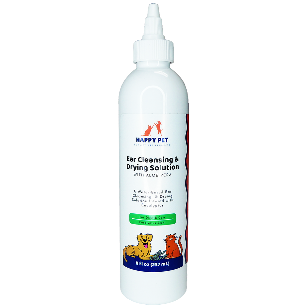 Happy Pet Ear Cleansing & Drying Solution with Aloe Vera Eucalyptus Scented for Dogs & Cats, front view of the bottle