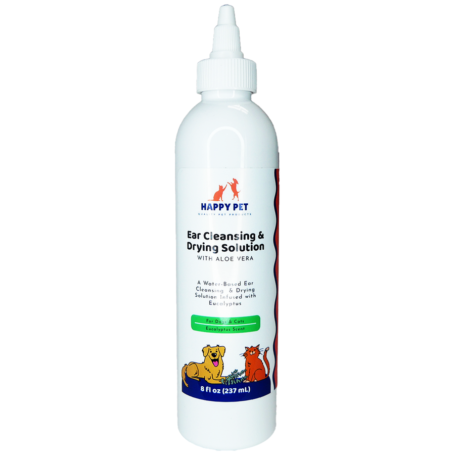 Happy Pet Ear Cleansing & Drying Solution with Aloe Vera Eucalyptus Scented for Dogs & Cats, front view of the bottle