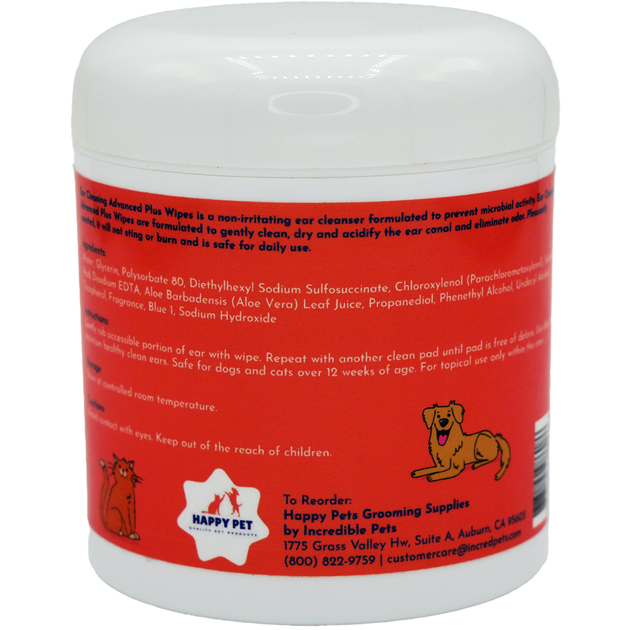 Happy Pet Advanced+ Ear Cleaning Wipes for Dogs & Cats Cucumber Melon Scent, back of container