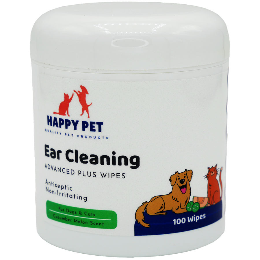Happy Pet Advanced+ Ear Cleaning Wipes for Dogs & Cats Cucumber Melon Scent, front of container