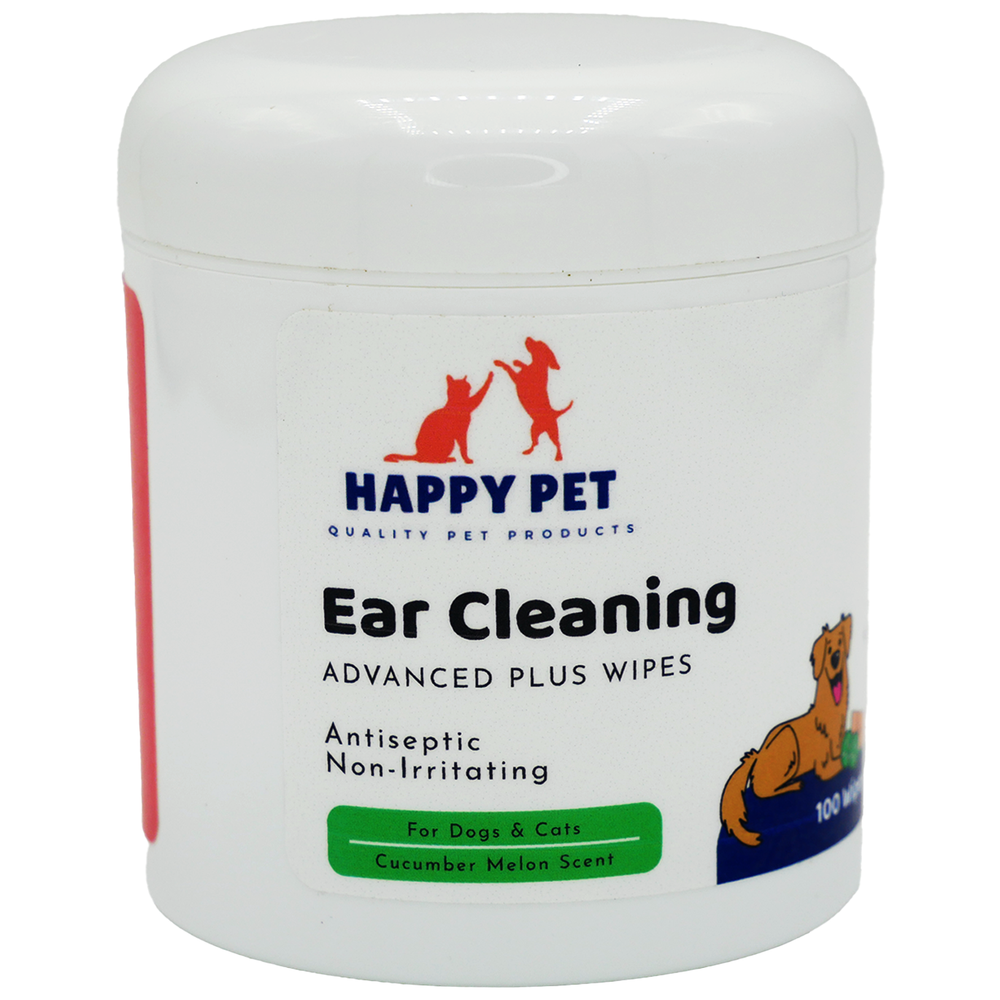 Happy Pet Advanced+ Ear Cleaning Wipes for Dogs & Cats Cucumber Melon Scent, front of container