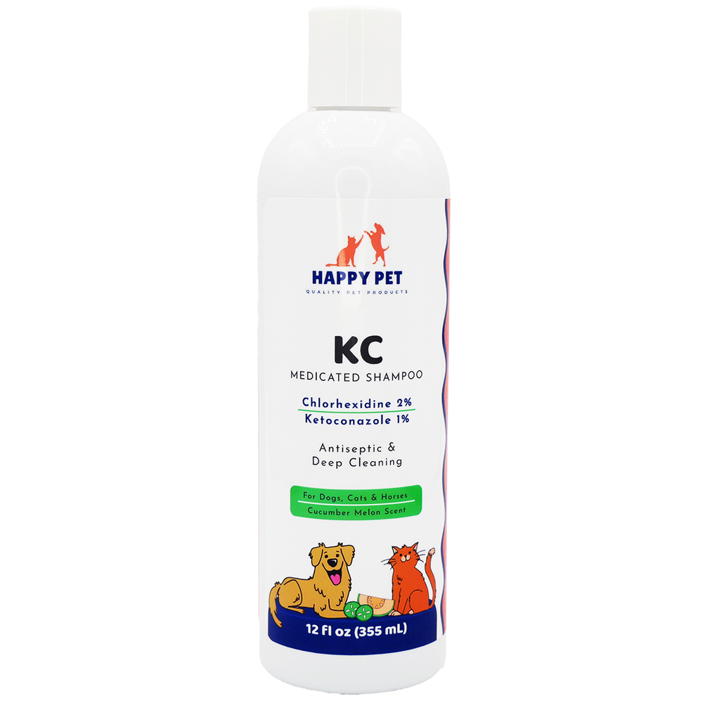 Happy Pet KC Medicated Shampoo Cucumber Melon Scented for Dogs, Cats, & Horses, front of shampoo bottle