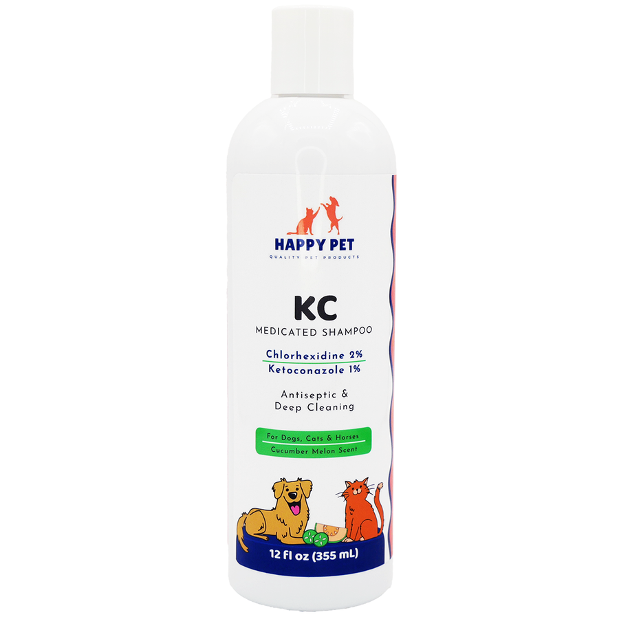 Happy Pet KC Medicated Shampoo Cucumber Melon Scented for Dogs, Cats, & Horses, front of shampoo bottle