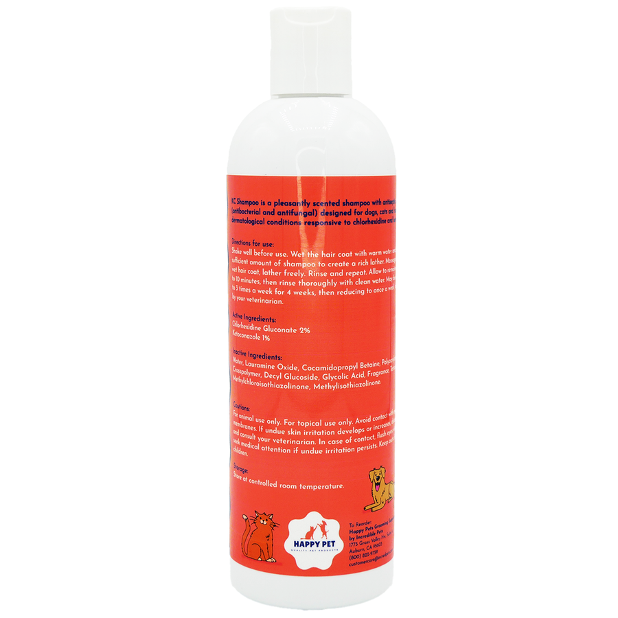 Happy Pet KC Medicated Shampoo Cucumber Melon Scented for Dogs, Cats, & Horses, back of shampoo bottle