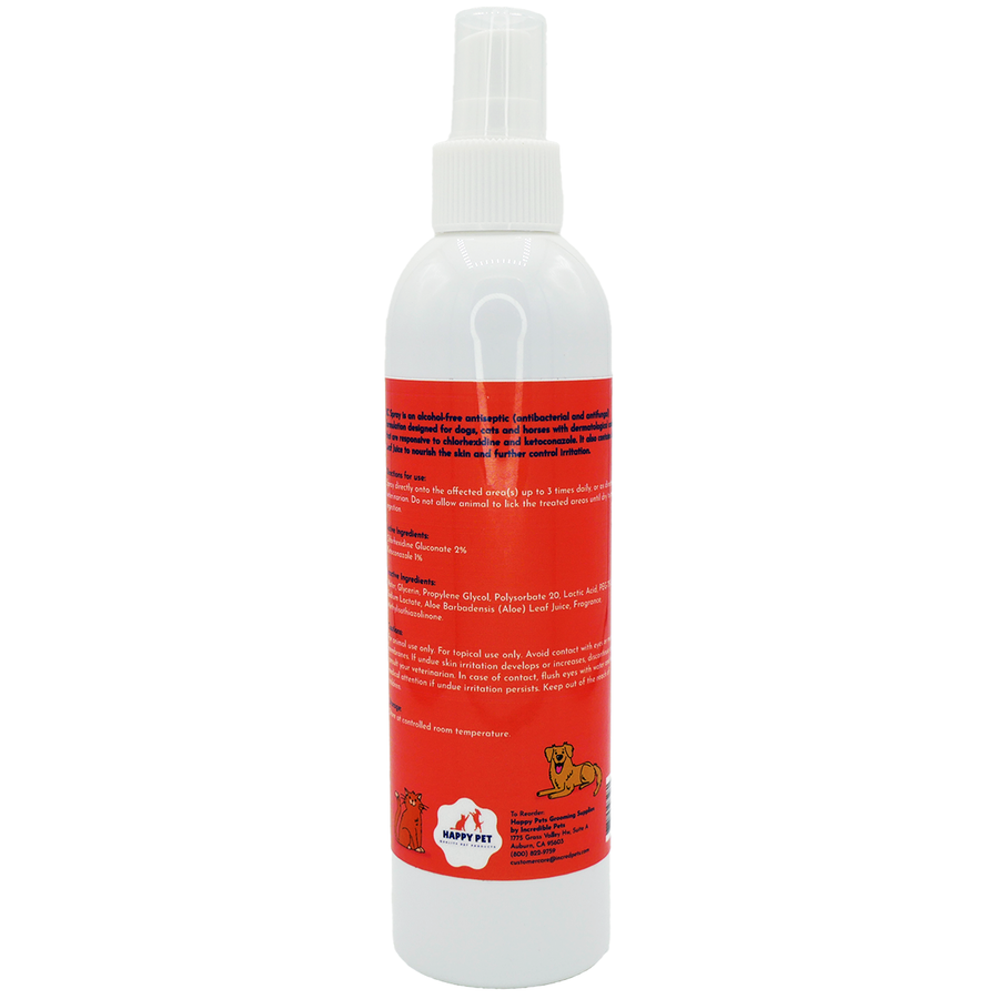 Happy Pet KC Medicated Spray Cucumber Melon Scented for Dogs, Cats, & Horses, back of spray bottle