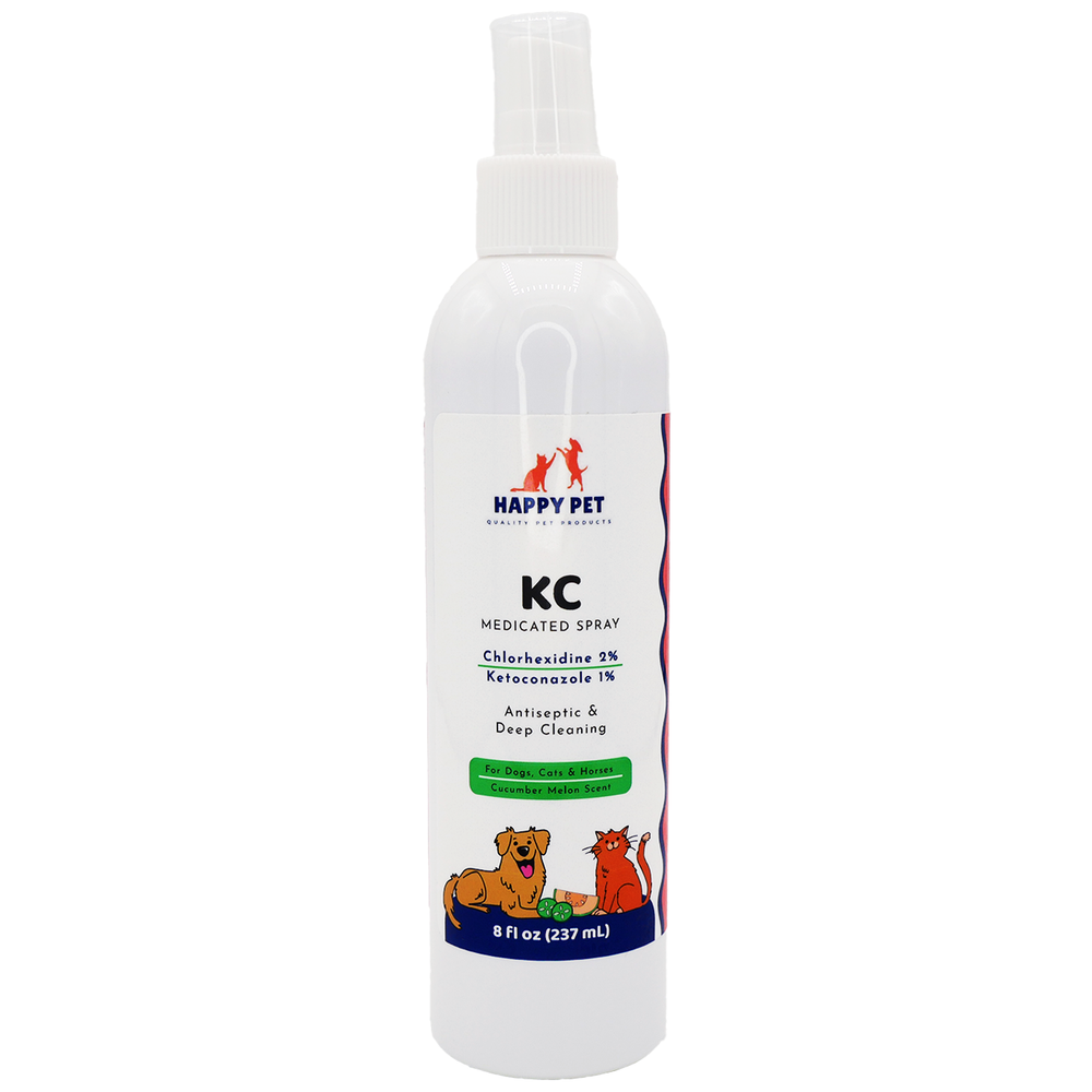 Happy Pet KC Medicated Spray Cucumber Melon Scented for Dogs, Cats, & Horses, front of spray bottle