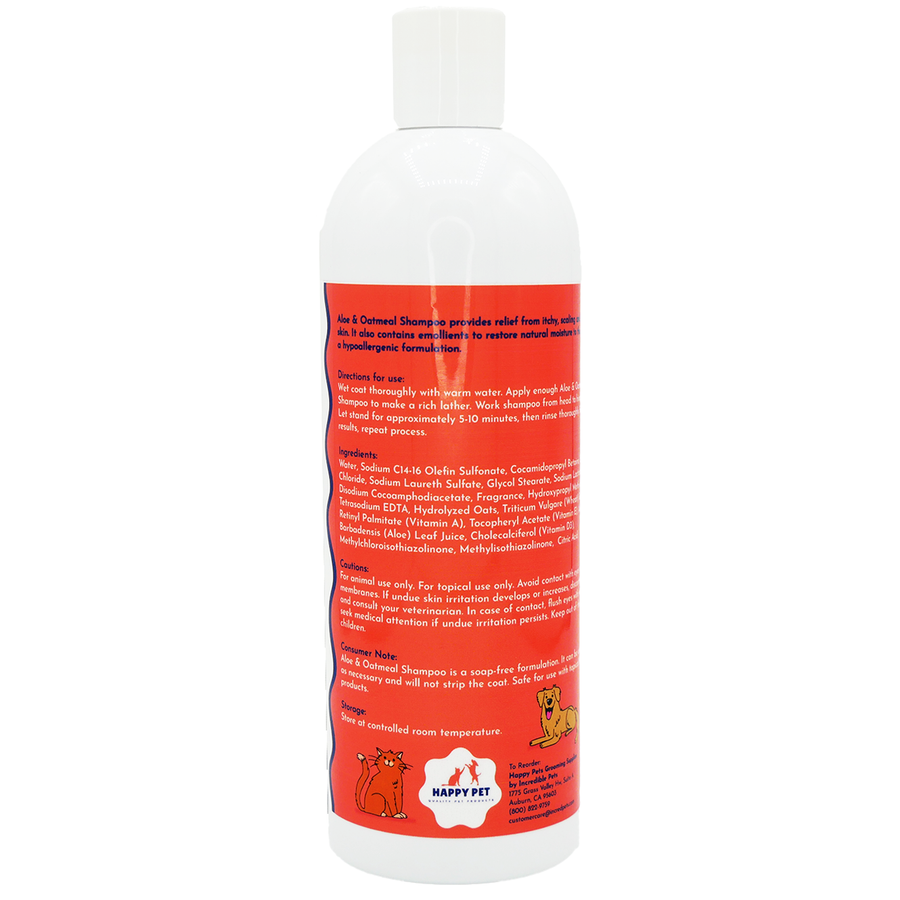 Happy Pet Soothing Aloe & Oatmeal Shampoo Pina Colada Scented for Dogs, Cats, & Horses, back of bottle