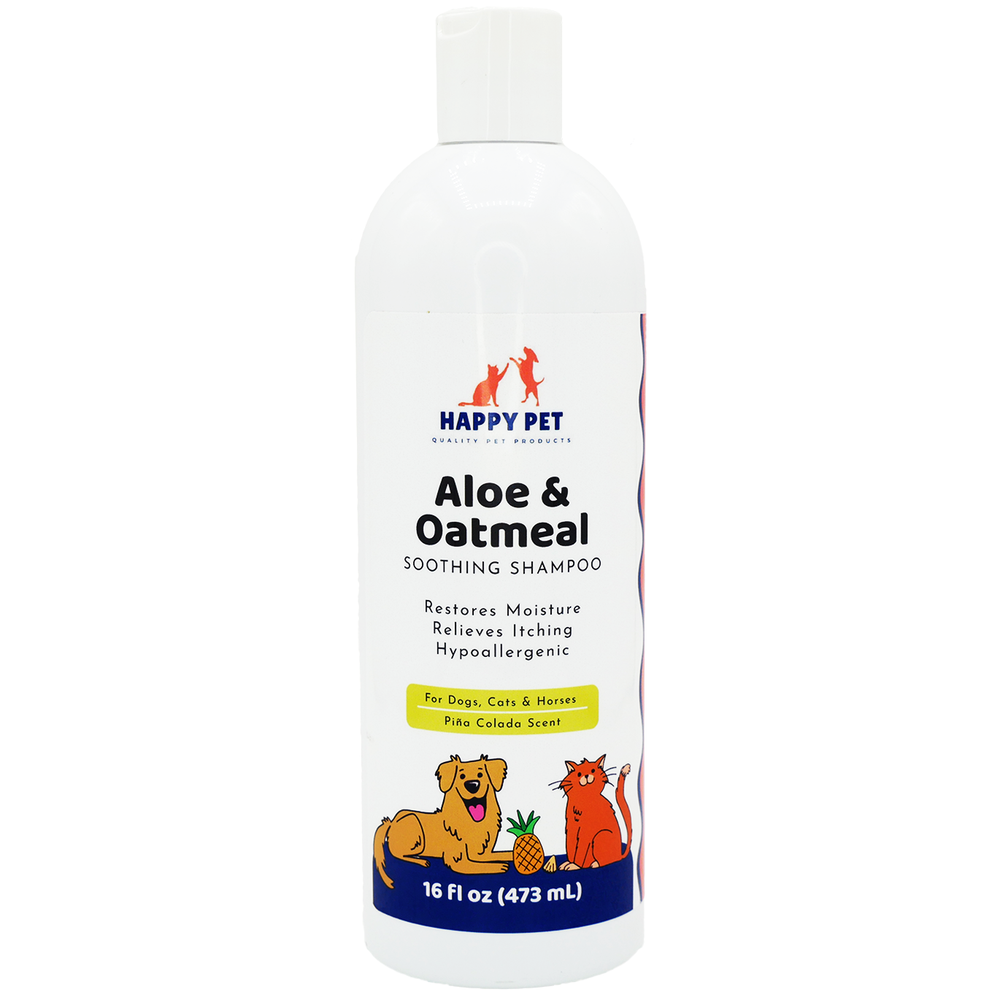 Happy Pet Soothing Aloe & Oatmeal Shampoo Pina Colada Scented for Dogs, Cats, & Horses, front of bottle