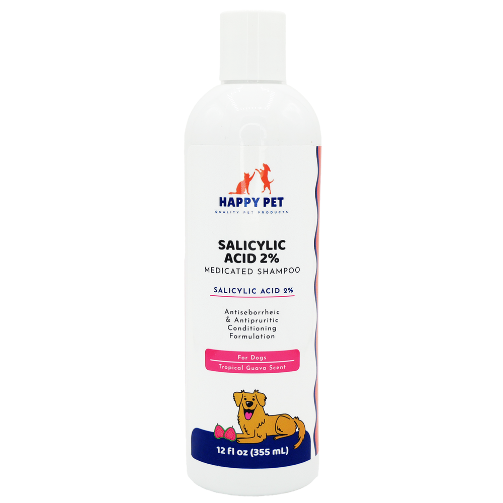 Happy Pet Salicylic Acid 2% Medicated Shampoo Tropical Guava Scented for Dogs, front of shampoo bottle