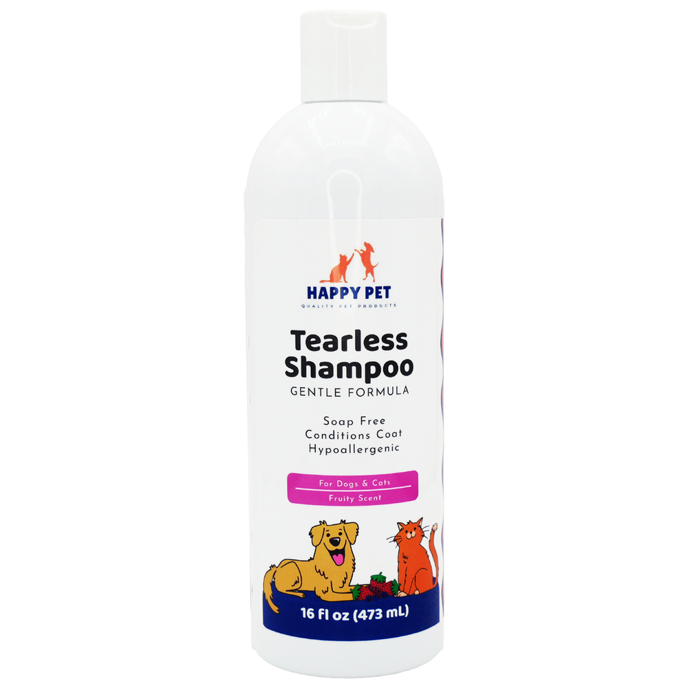 Happy Pet Gentle & Tearless Shampoo Fruity Scented for Dogs & Cats, front of shampoo bottle