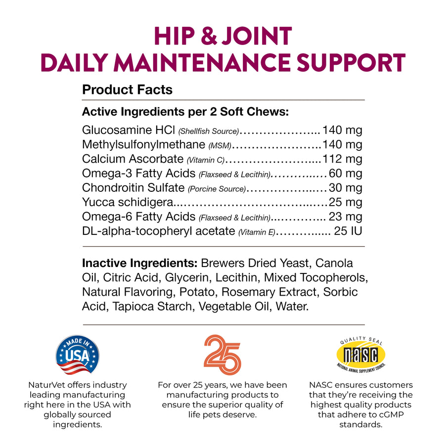 NaturVet Hip and Joint Plus Soft Chews for Dogs and Cats, 120 ct