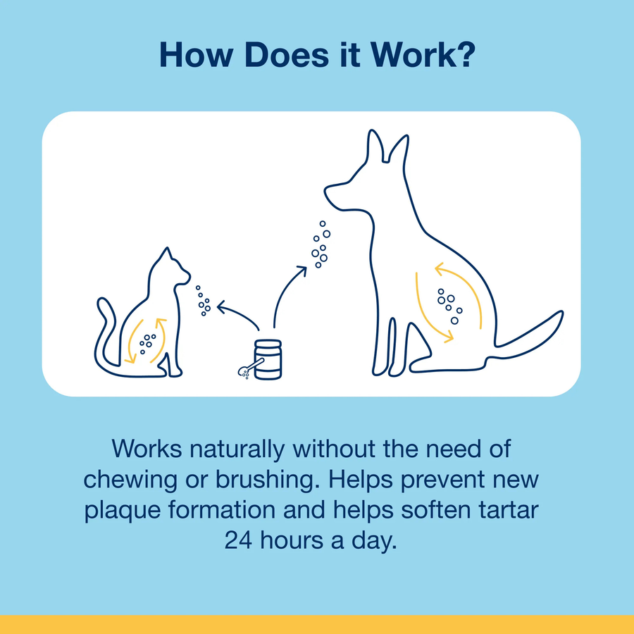 Works naturally without the need of chewing or brushing. Helps prevent new plaue formation and helps soften tartar 24 hours a day.