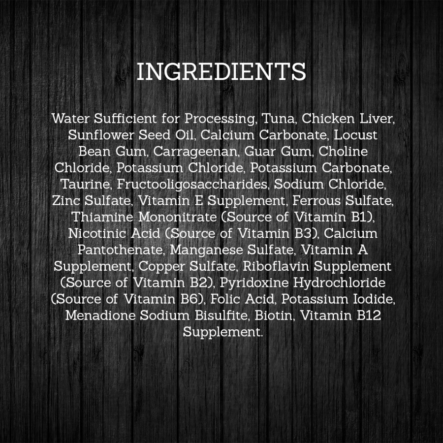 Ingredients for Fussie Cat Premium Grain Free Tuna with Chicken Liver in Aspic.