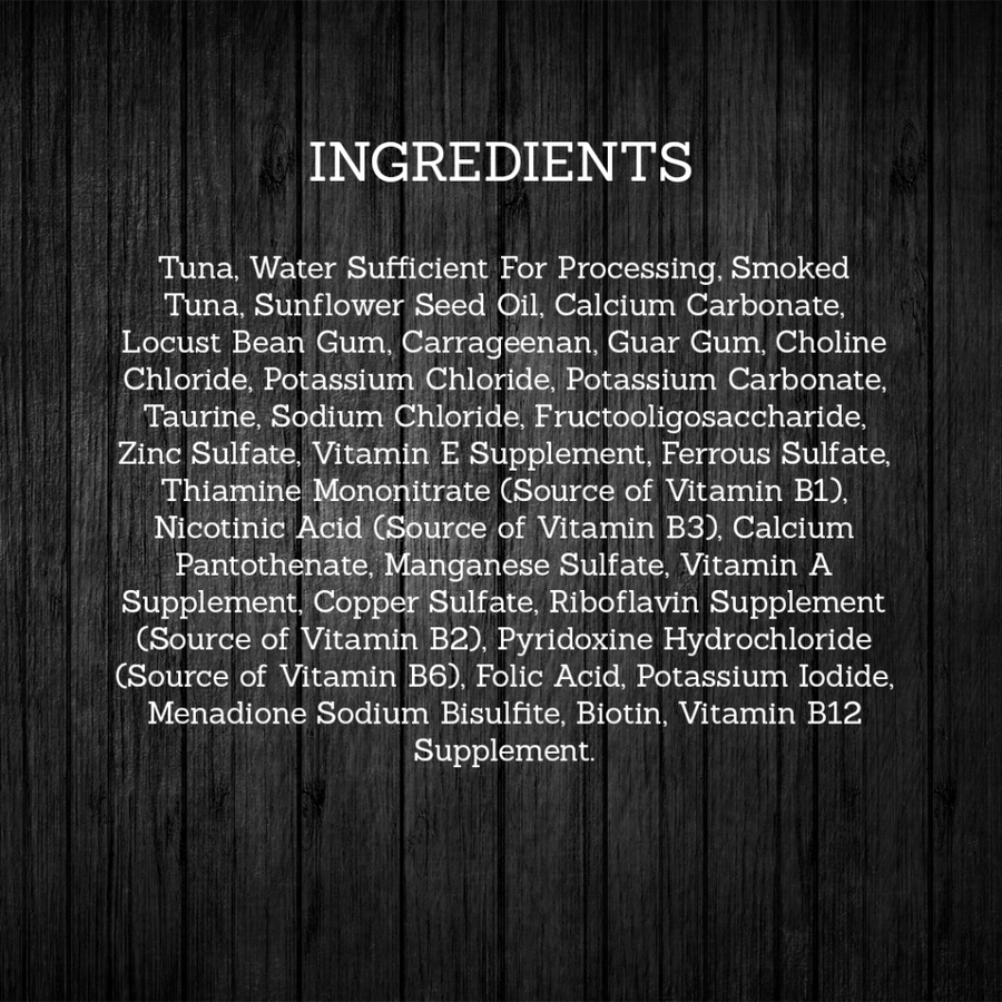 Ingredients for Fussie Cat Premium Grain Free Tuna with Smoked Tuna in Aspic.