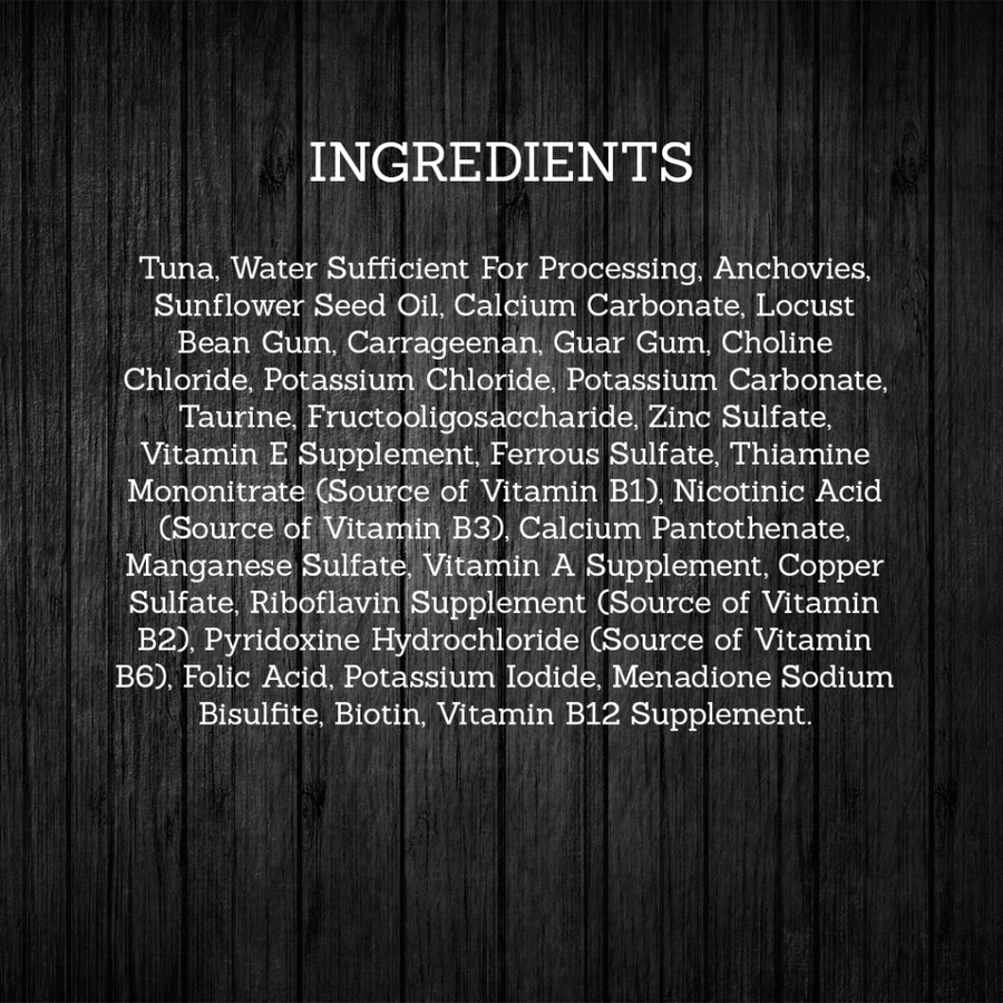 Ingredients for Fussie Cat Premium Tuna with Anchovies Formula in Aspic.