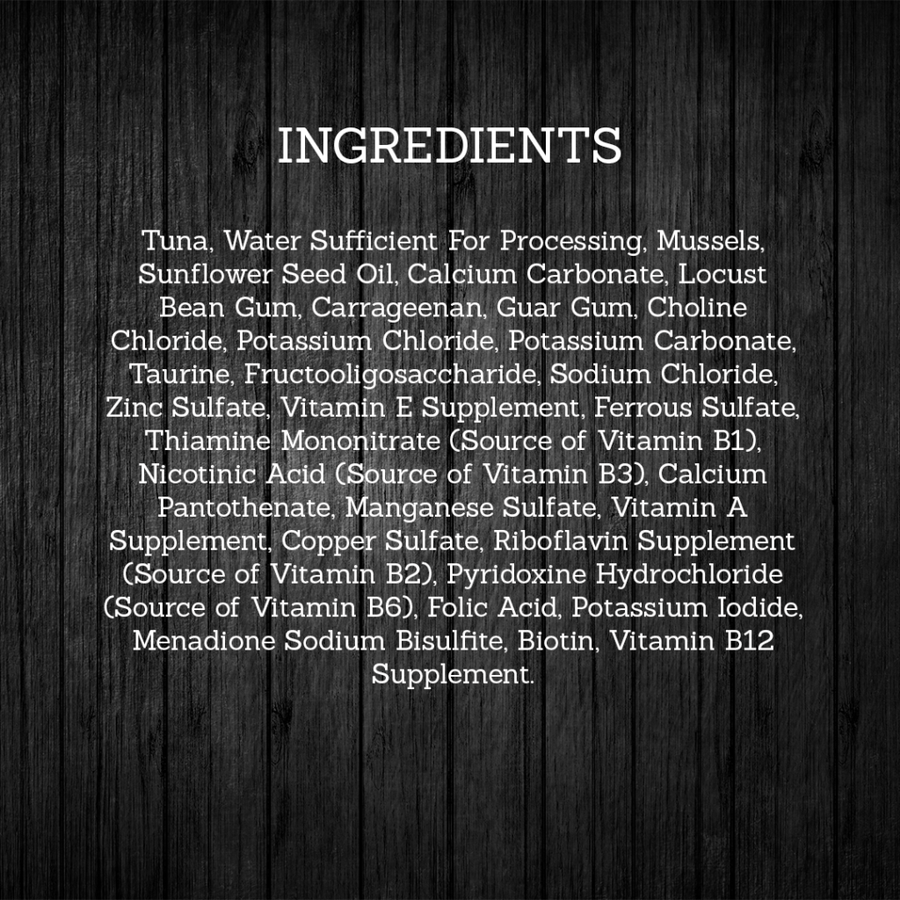 Ingredients for Fussie Cat Premium Tuna with Mussels Formula in Aspic.