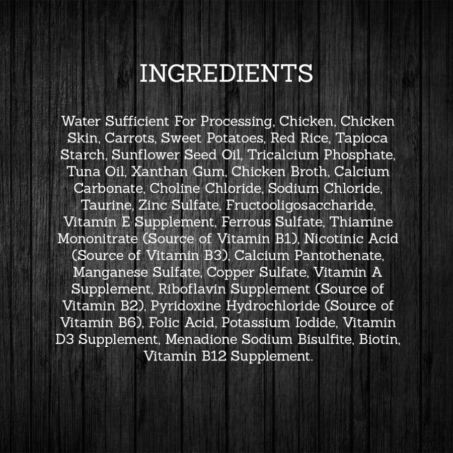Ingredients for Fussie Cat Super Premium Chicken with Sweet Potato Formula in Gravy.