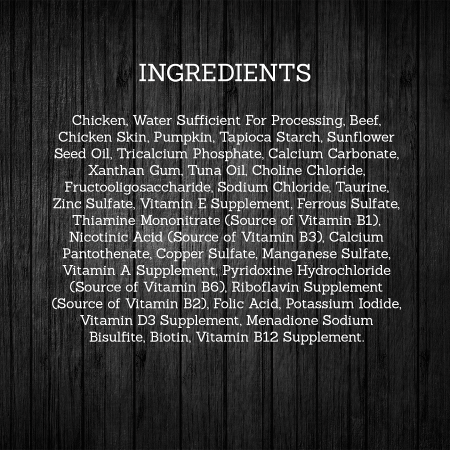 Ingredients for Fussie Cat Super Premium Grain Free Chicken and Beef in Pumpkin Soup.