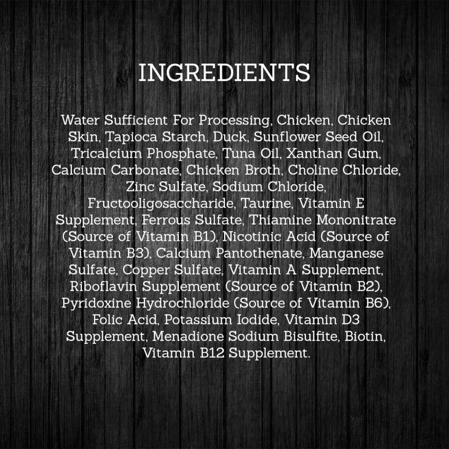 Ingredients for Fussie Cat Super Premium Grain Free Chicken with Duck in Gravy.