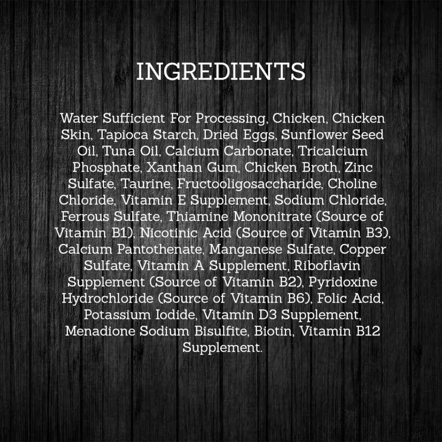 Ingredients for Fussie Cat Super Premium Grain Free Chicken with Egg in Gravy.