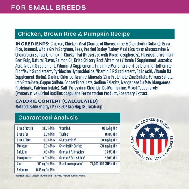 Natural Balance Health Protection Small Breed Chicken, Brown Rice & Pumpkin Dry Dog Food Ingredients.