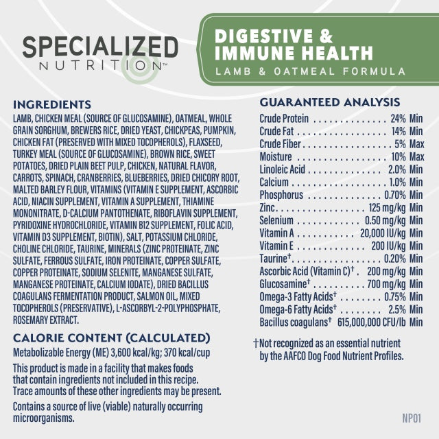 Natural Balance Specialized Nutrition Digestive & Immune Health Lamb & Oatmeal Dry Dog Food Ingredients.