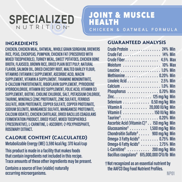 Natural Balance Specialized Nutrition Joint & Muscle Health Chicken & Oatmeal Dry Dog Food Ingredients.