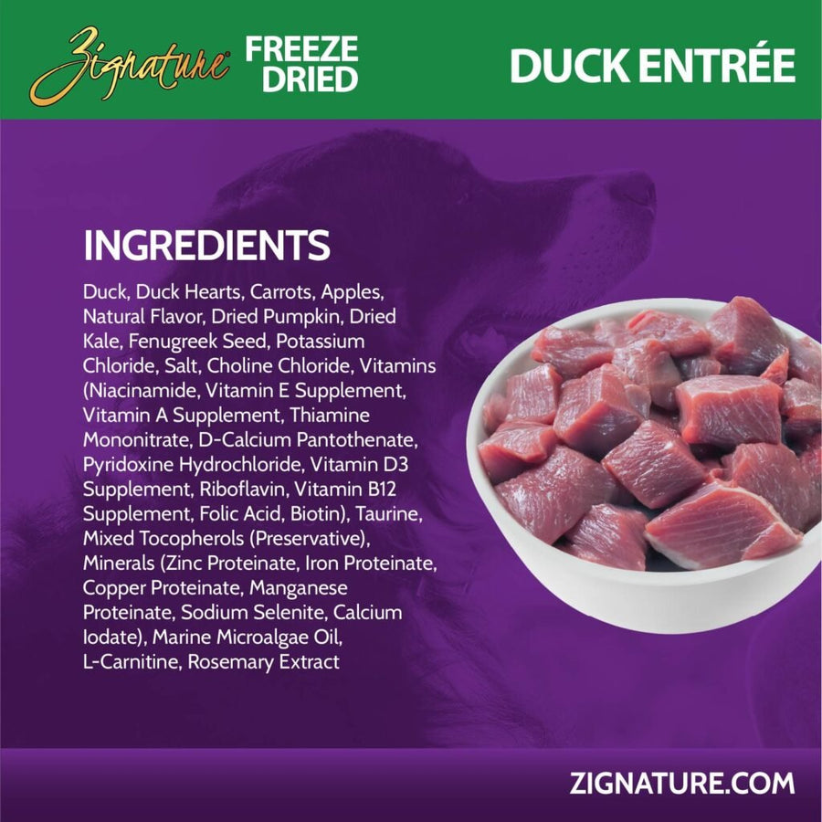Ingredients for Zignature Freeze Dried Duck Entree Dog Food. 