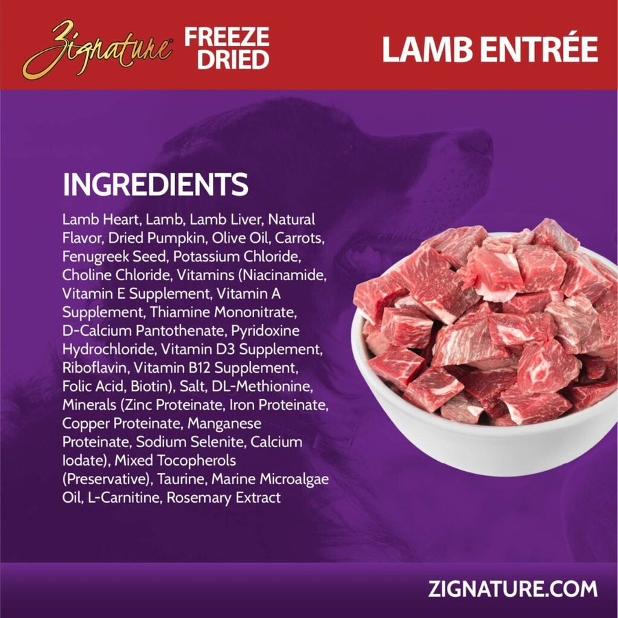 Ingredients for Zignature Freeze Dried Lamb Entree Dog Food. 