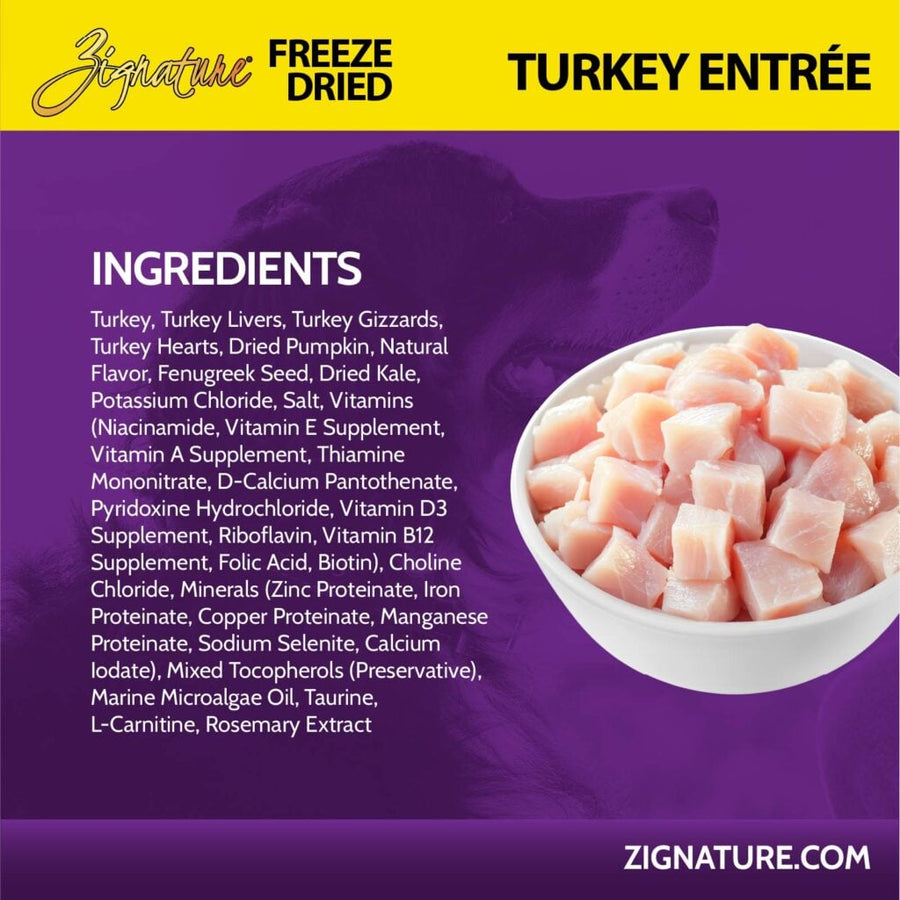Ingredients for Zignature Freeze Dried Turkey Entree Dog Food. 