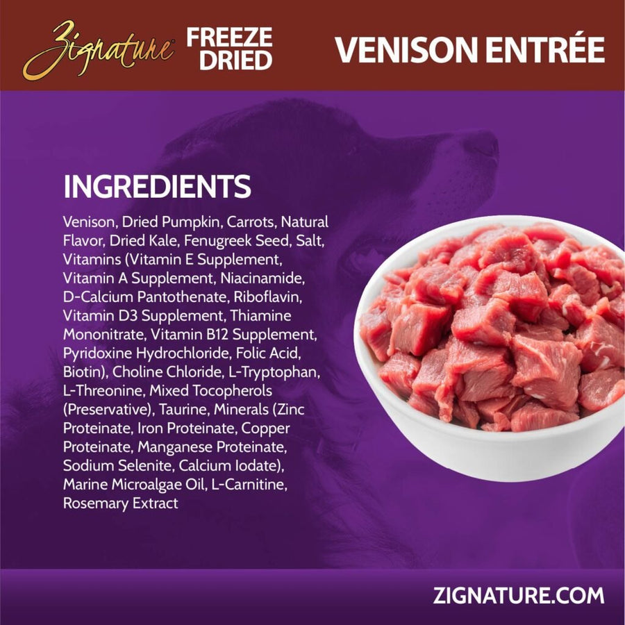 Ingredients for Zignature Freeze Dried Venison Entree Dog Food. 