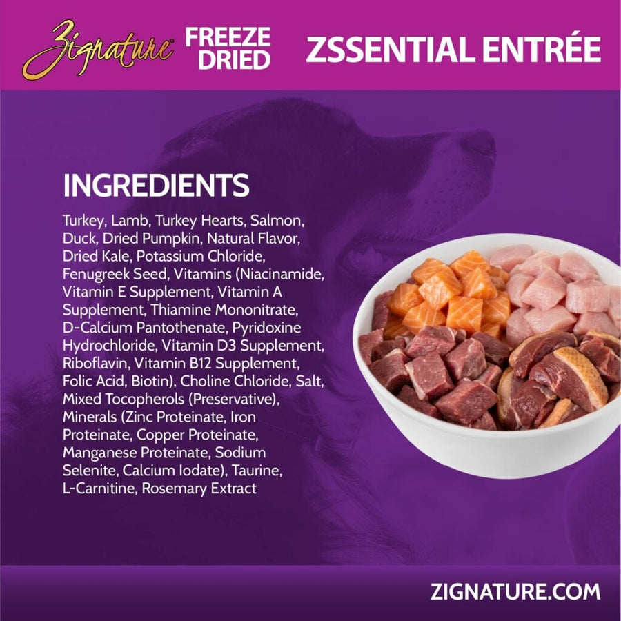 Ingredients for Zignature Freeze Dried Zssential Entree Dog Food. 