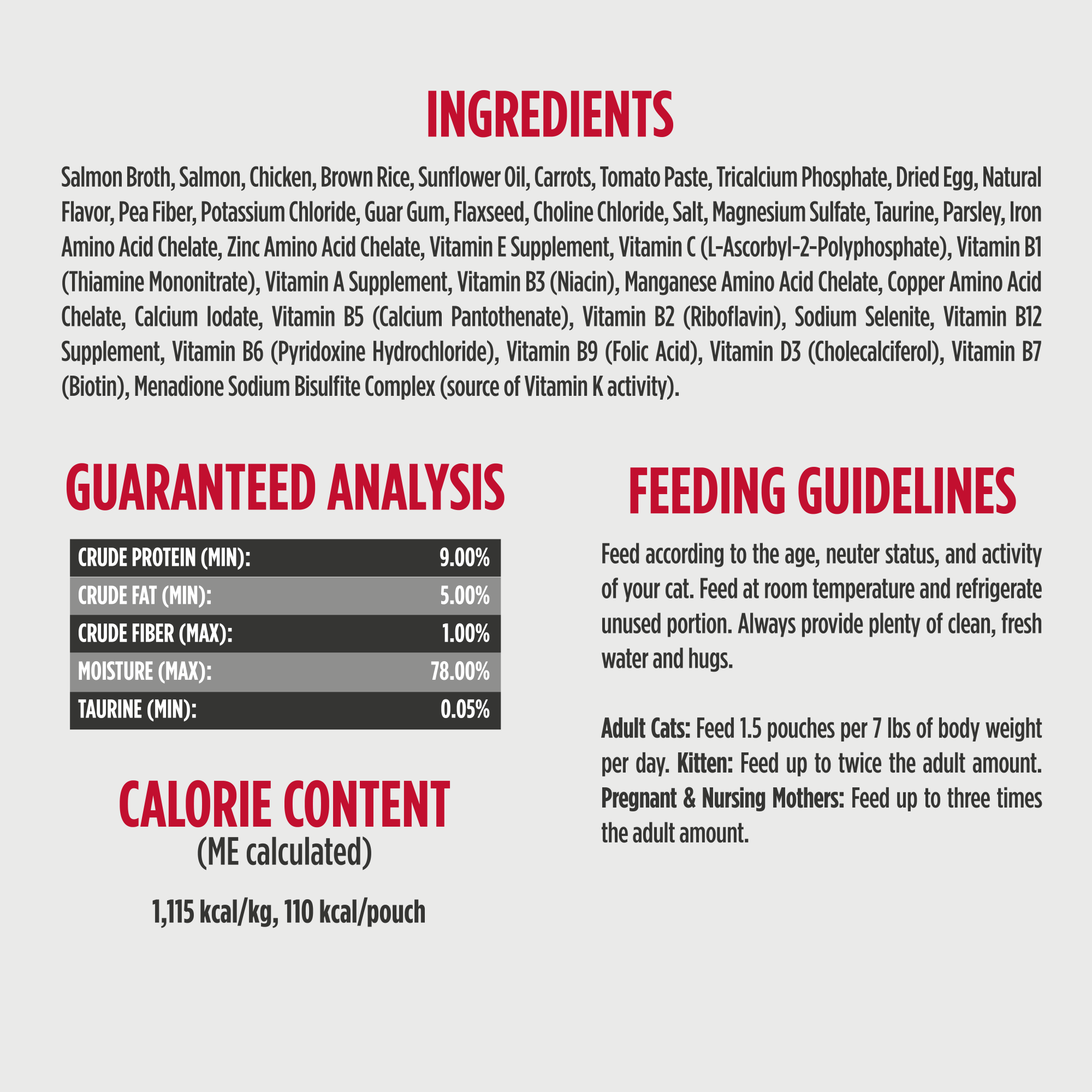 *Ingredients
*Guaranteed Analysis
*Feeding Guidelines 