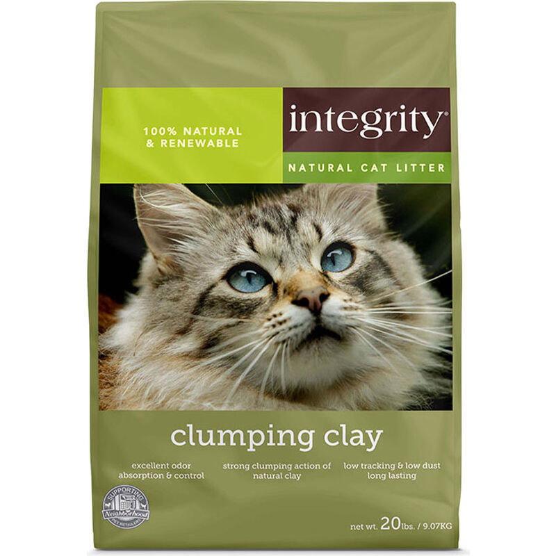 Front of product bag. 100% natural and renewable. Clumping clay. Excellent odor absorption and control. Strong clumping action of natural clay. Low tracking and low dust long lasting. Net weight 20 pounds.