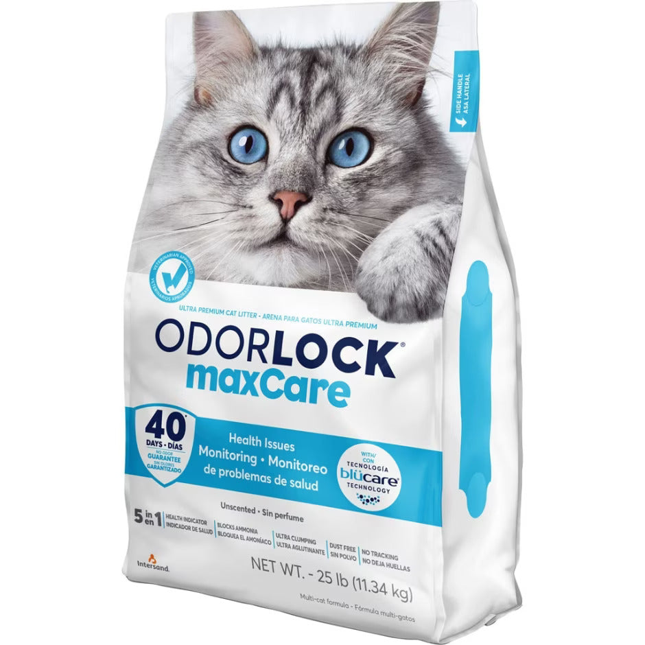 Front panel of product bag. OdorLock Maxcare. 40 days. Health issues. Monitoring. Unscented. Net weight 25 pounds.