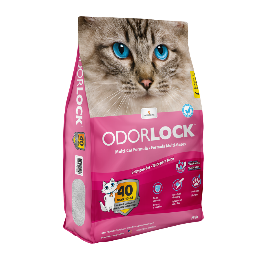 Intersand OdorLock Ultra Premium Baby Powder Scented Multi-Cat Litter Formula Bag 25lb  Side View