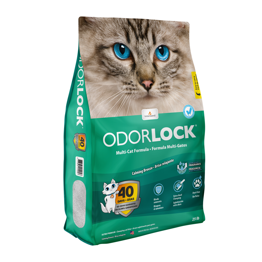 Intersand OdorLock Ultra Premium Calming Breeze Scented Multicat Cat Litter Formula Bag 25lb Side View Packaging