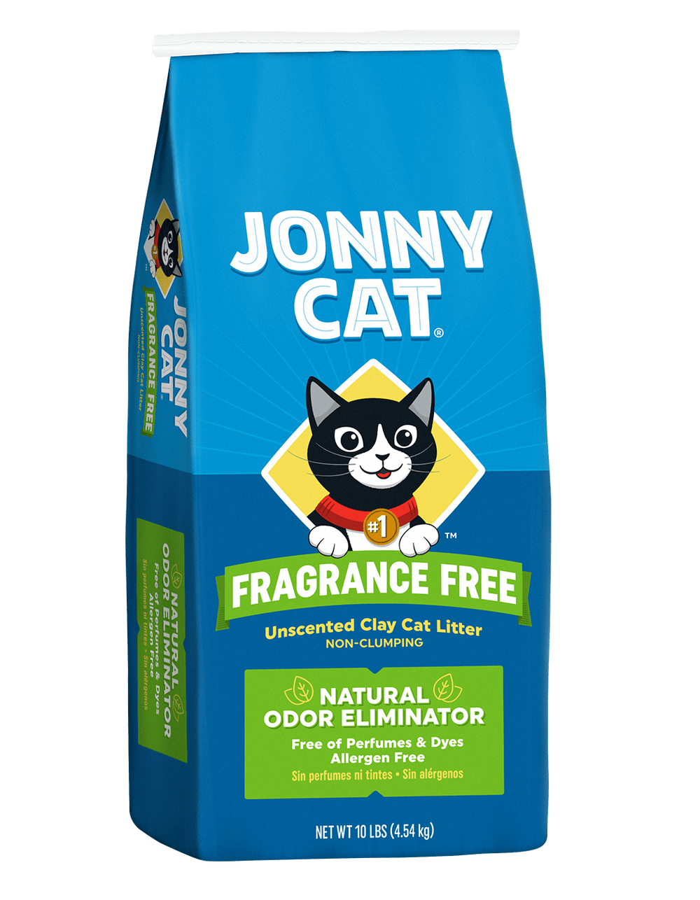 Front and left side panel of product bag. Jonny cat. Fragrance free. Unscented clay cat litter. Non-clumping. Natural odor eliminator. Free of perfumes and dyes. Allergen free. Net weight 10 pounds. 4.54 kilogram.