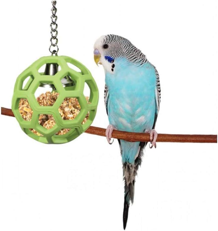 Green JW Pet Activitoy Holee Roller Bird Toy used by a bird