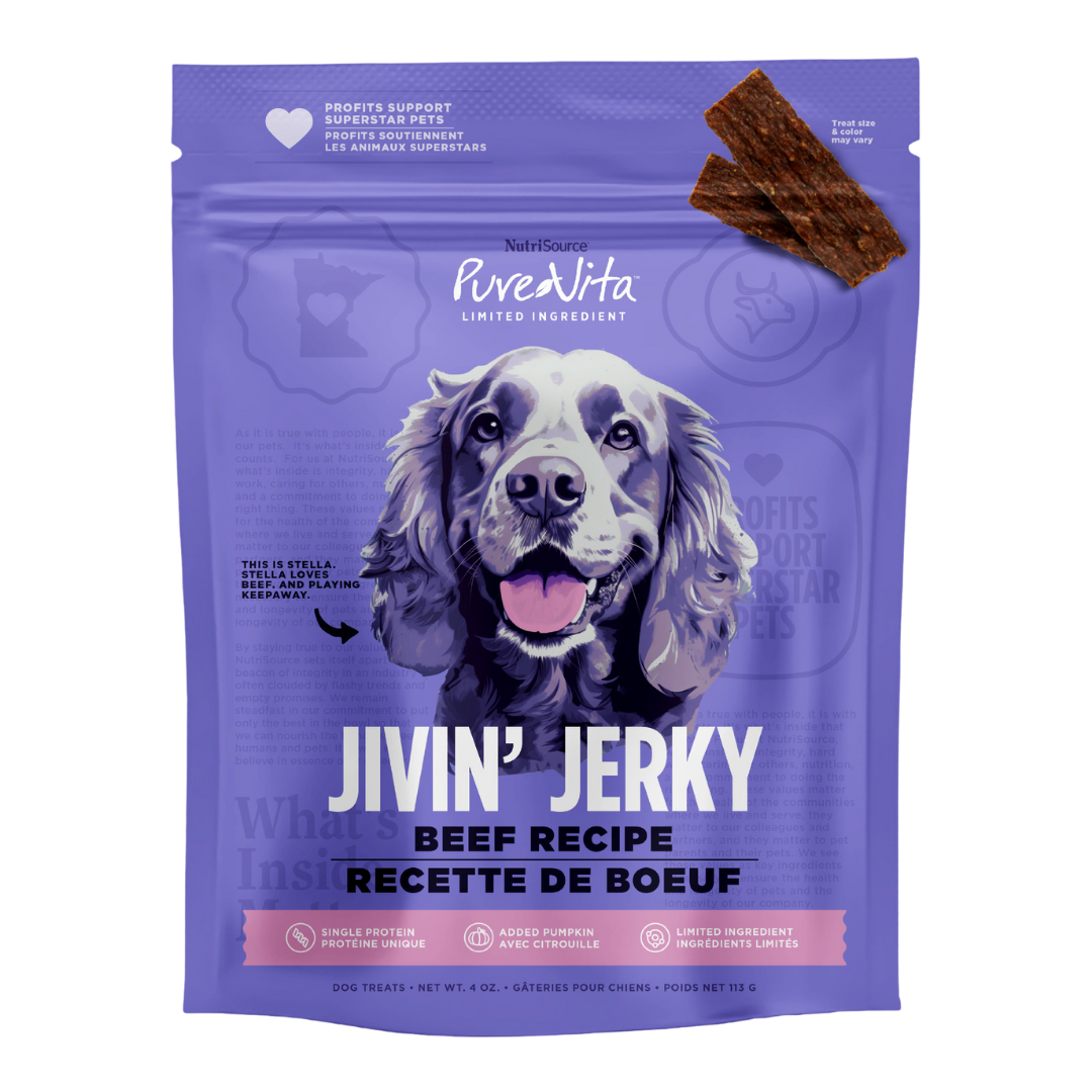 NutriSource Beef Jivin Jerky front of bag.