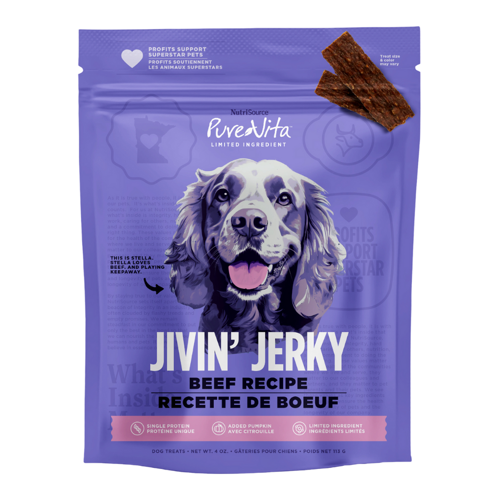 NutriSource Beef Jivin Jerky front of bag.
