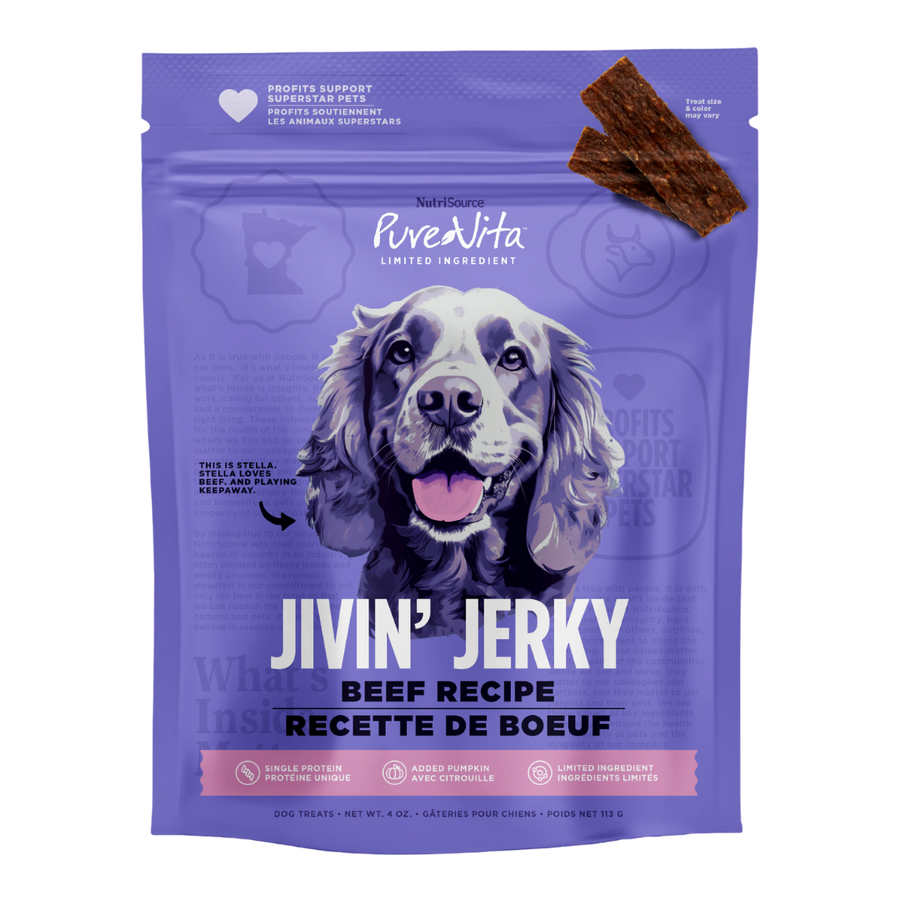 NutriSource Beef Jivin Jerky front of bag.